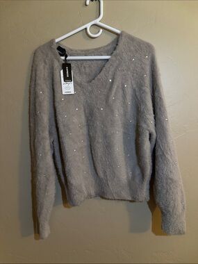 Express Gray Faux-Fur V-Neck Sweater with Beaded Accents